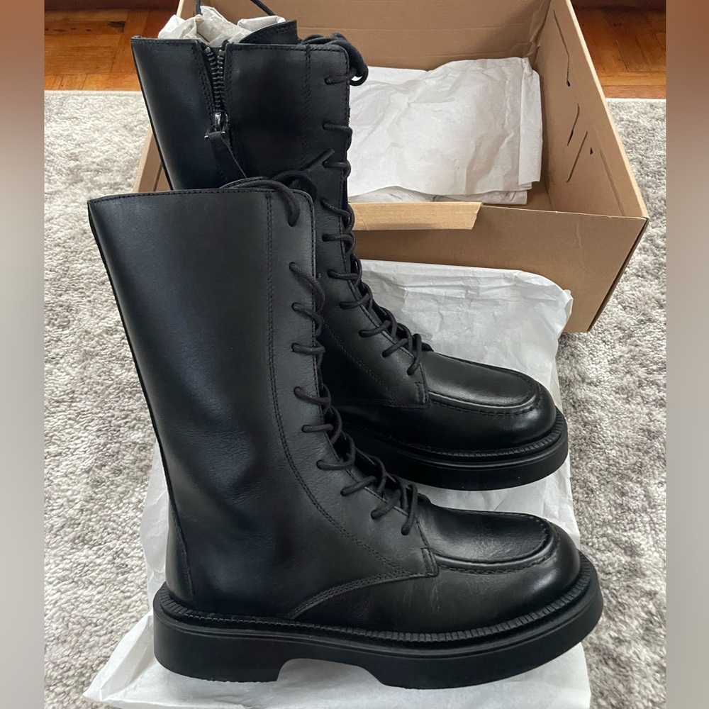 Zara Black Leather Military Style Boots size 38 or 7.5